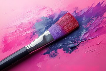 Fototapeta premium A paintbrush with a blue and purple handle is on a pink background