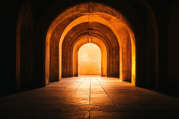 a grand arched corridor glows with golden sunlight streaming through creating a dramatic and warm atmosphere with shadows on the floor
