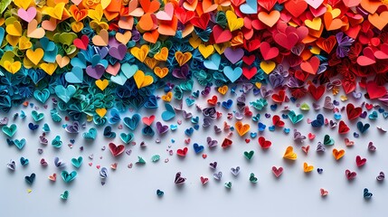 Colorful paper hearts scattered on white background. Festive rainbow heart confetti flat lay with copy space. Ideal for Valentine's Day, love-themed banners, invitations, or creative marketing 