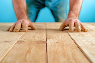 Hands resting on a wooden surface during a crafting project in a workshop setting