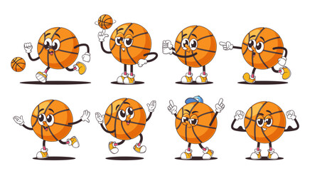 Collection Of Cartoon Retro Basketball Ball Characters Displaying Different Energetic Poses And Expressions, Vector