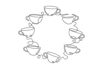 Circle Frame with Cups drawing in continuous line style. Vector illustration.