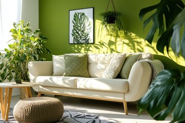 Cozy Living Room with Green Wall and Plant Decor