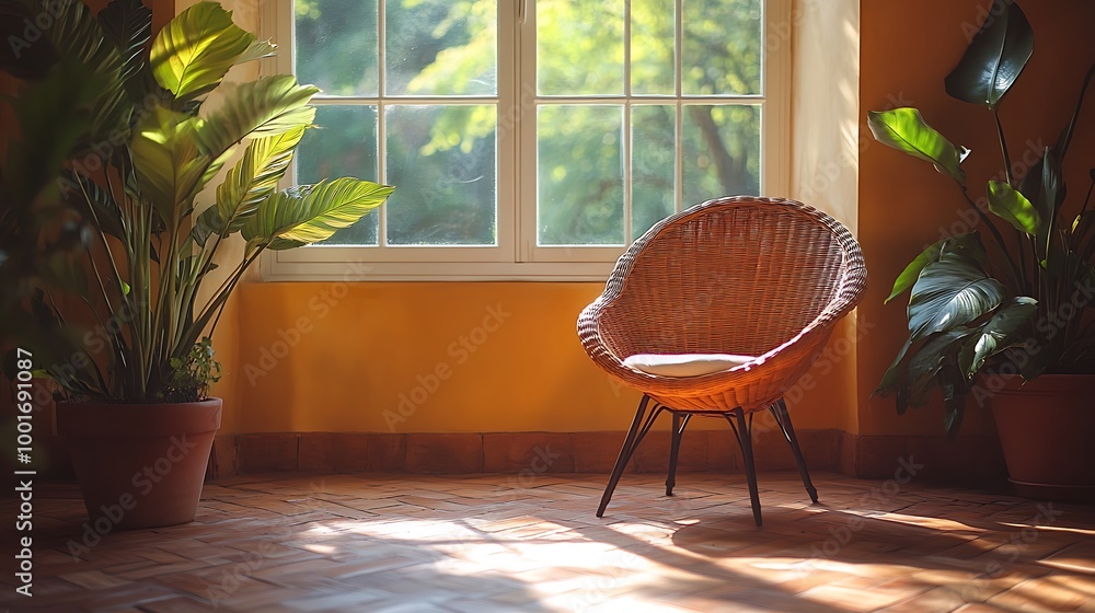 Canvas Prints Wicker armchair in a sunlit room with plants and large windows