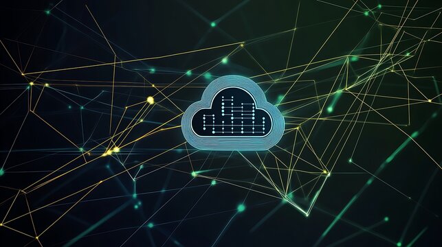 A cloud computing icon with connected lines and glowing dots, symbolizing data flow and network connectivity.