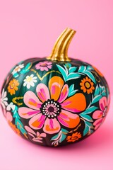 dark green pumpkin intricately hand painted with vibrant Mexican folk floral designs in bold colors like pink, orange, and teal