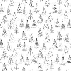 Winter nature seamless pattern with abstract Pine Fir Spruce. Doodle outline illustration. Christmas holidays hand drawn Background. Cute kids doodles drawings. Pattern for packaging wallpaper textile