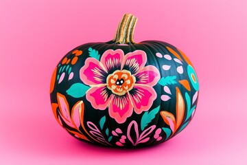 dark green pumpkin intricately hand painted with vibrant Mexican folk floral designs in bold colors like pink, orange, and teal