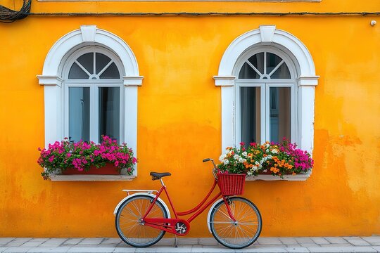 A red bicycle is parked in front of a yellow building with white trim