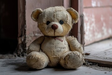 Vintage teddy bear showing signs of wear and nostalgia, evoking childhood memories and sentimentality