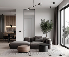 Aesthetic elegant minimalist modern interior design. Clear mock up empty wall for decoration in the apartment. Copy space in the room. Neutral palette of natural colors.