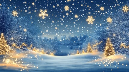 A wintery scene with sparkling stars and falling snowflakes. This beautiful design is perfect for holiday cards, Christmas prints, or New Year's designs.