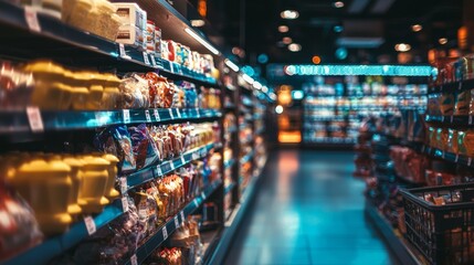 Blurred supermarket aisle with shelves full of packaged goods and products