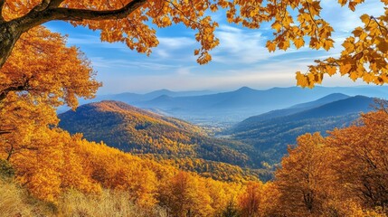 Fototapeta premium The mountains , are stunning in the fall, with vibrant yellow and colorful maple leaves. 