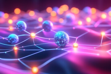 Fototapeta premium Futuristic network visualization with glowing nodes in pink and blue, representing digital connectivity