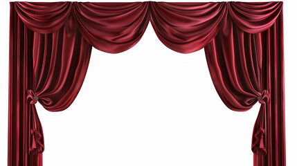Red and burgundy theatrical curtains isolated on a white background.