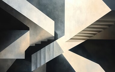 Fototapeta premium Abstract geometric composition featuring stairs and contrasting light, ideal for modern art and design themes.