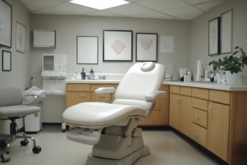 Modern medical office examination room with a sterile chair and clean equipment