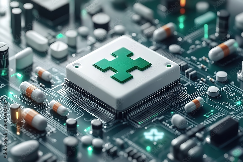 Poster a computer chip with a green cross on it