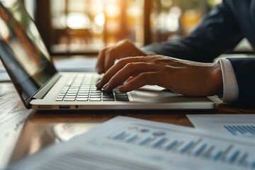 close-up photo of a businessperson's hand examining reports on a laptop in an office.
