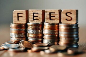 close-up shot of wooden blocks spelling out FEES perched on top of increasing stacks of coins.