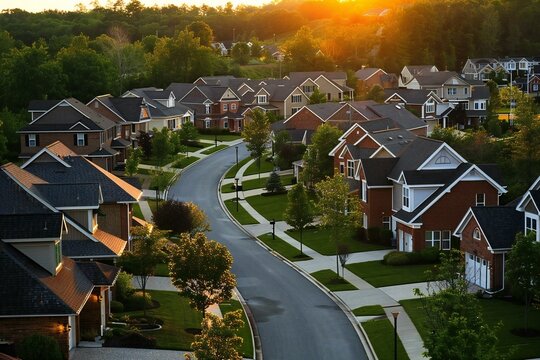 Aerial shot of a cluster of houses arranged in a circular pattern in a homeowner's association neighborhood.