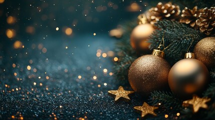 Fototapeta premium Christmas and New Year holidays background. Christmas tree with golden baubles and lights bokeh background. Space for text. Copy space. Greeting card.