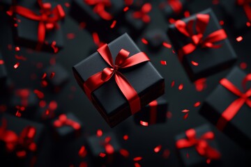 Floating black gift boxes adorned with red ribbons against a dark background, showcasing an ultrarealistic and detailed concept in a captivating visual display
