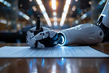 robotic hand assisting a person in signing a legal document in a futuristic courtroom.