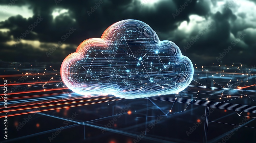 Poster a glowing cloud symbol with digital lines and data against a stormy sky.