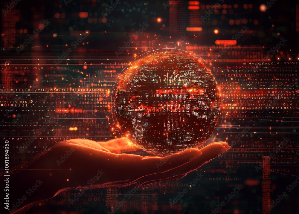 Poster a hand supports the globe amidst digital binary code and a high-tech world map, showcasing the signi
