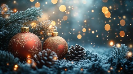Christmas and New Year holidays background. Christmas tree with golden baubles and lights bokeh background. Space for text. Copy space. Greeting card.