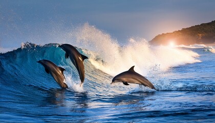 Fototapeta premium 大きな波が立つ海岸近くで、イルカが波と戯れるシーン。波が崩れ落ちる瞬間にジャンプしたり、波をすり抜けるように泳ぎだりして、まるでサーフィンを楽しんでいるかの