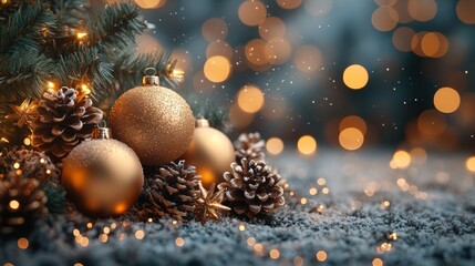 Christmas and New Year holidays background. Christmas tree with golden baubles and lights bokeh background. Space for text. Copy space. Greeting card.
