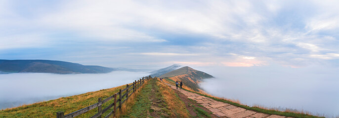 Mam Tor panorama in Peak District with clouds covering the valley. United Kingdom. England