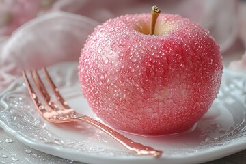 A pink apple sits on a white plate next to a fork
