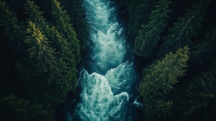 Aerial Shot of Rapids Flowing Through Dense Evergreen Forest