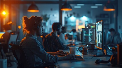 A group of programmers collaborating in a modern office with bright lighting and a focused atmosphere.