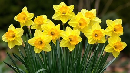A cluster of bright yellow daffodils with orange centers bloom in a garden, their green stems and leaves reaching towards the sky.