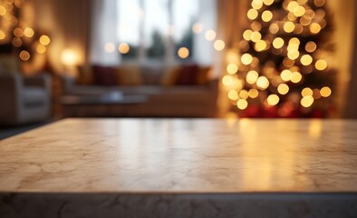 A light marble table top is set in a warm living room, decorated with a Christmas tree illuminated by soft lights.