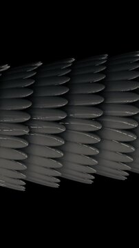 Horisonatal 3D tube formed by silver feathers glowing and flowing on black background, seamless loop. Animation. Abstract long figure with oval shaped feathers.