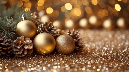 Christmas and New Year holidays background. Christmas tree with golden baubles and lights bokeh background. Space for text. Copy space. Greeting card.
