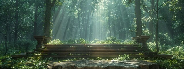 Stage surrounded by dense forest with sunrays piercing through. Natural lighting, peaceful atmosphere.