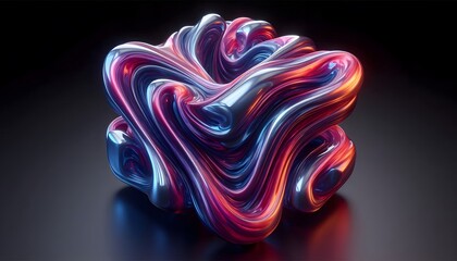 The abstract shape of a flowing purple cube on a dark background