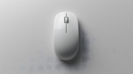 Minimalistic white wireless computer mouse on gray background. Flat lay composition with copy space. Modern technology and office accessory concept for banners, product design, and marketing materials