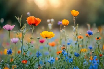 Naklejka premium Vibrant Wildflowers in a Sunlit Meadow