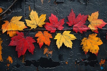 A row of autumn leaves are hanging from a wall