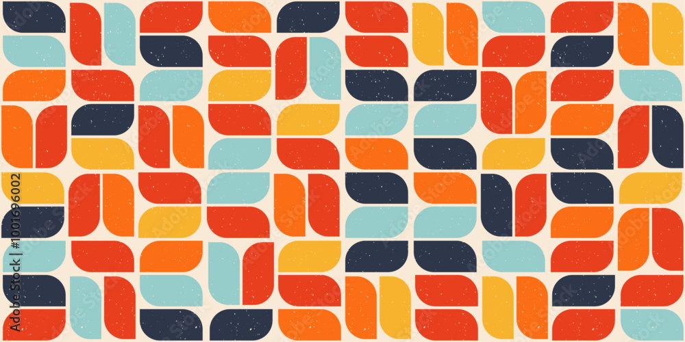 Poster Vector background from a mosaic of tiles with rounded edges. Bauhaus pattern of colored geometric rectangle tiles.