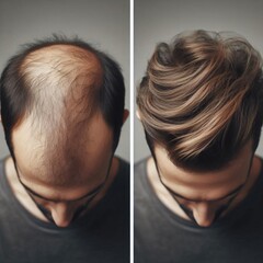 A before-and-after image of a man's scalp, showing progressive hair thinning over time