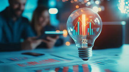 Business stock market light bulb with red and blue candlestick inside, with business people sharing over a tablet on background, brainstorming concept, stock investment or profit analysis
